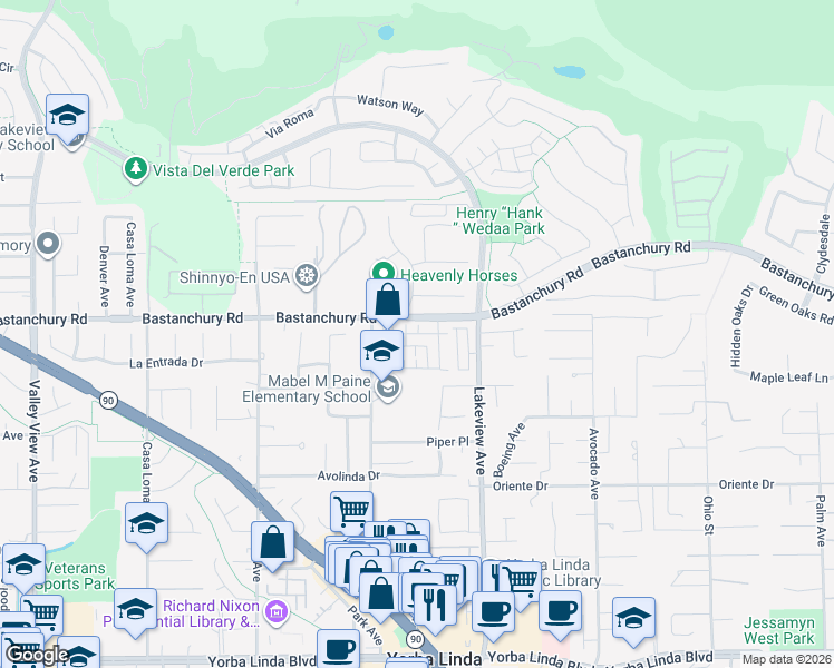 map of restaurants, bars, coffee shops, grocery stores, and more near 18316 Iris Lane in Yorba Linda