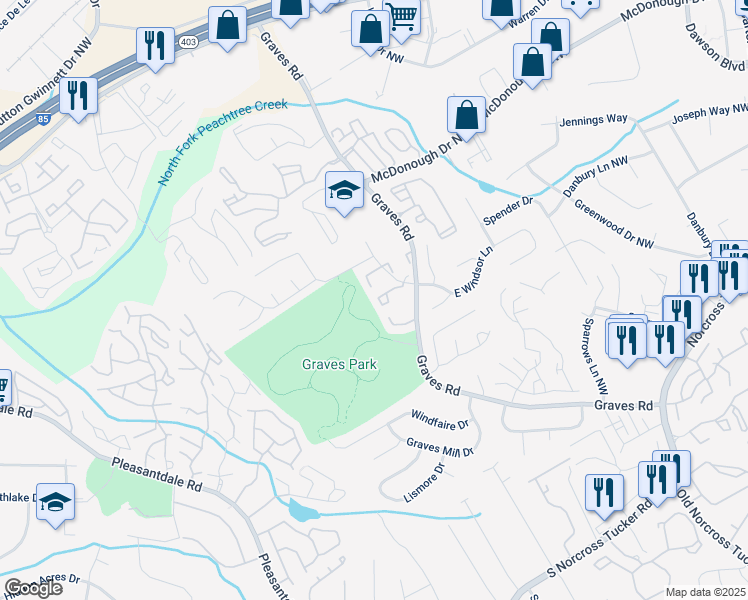 map of restaurants, bars, coffee shops, grocery stores, and more near 6711 Witherington Court Northwest in Norcross