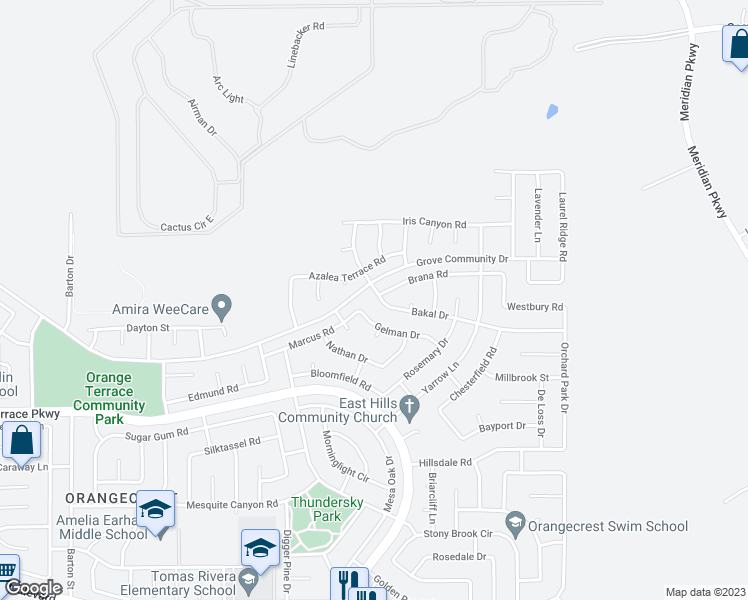 map of restaurants, bars, coffee shops, grocery stores, and more near 20611 Bakal Drive in Riverside