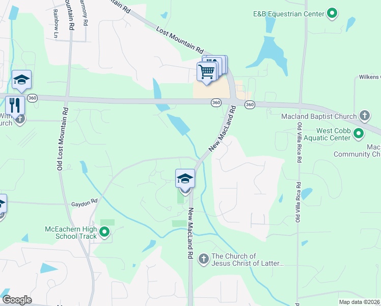 map of restaurants, bars, coffee shops, grocery stores, and more near 4350 Gaydon Road in Powder Springs