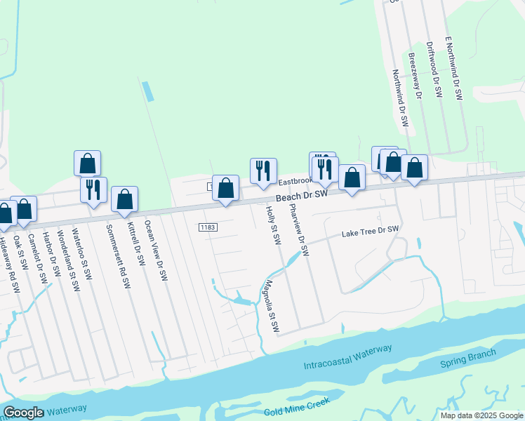 map of restaurants, bars, coffee shops, grocery stores, and more near 6855 Beach Drive Southwest in Ocean Isle Beach