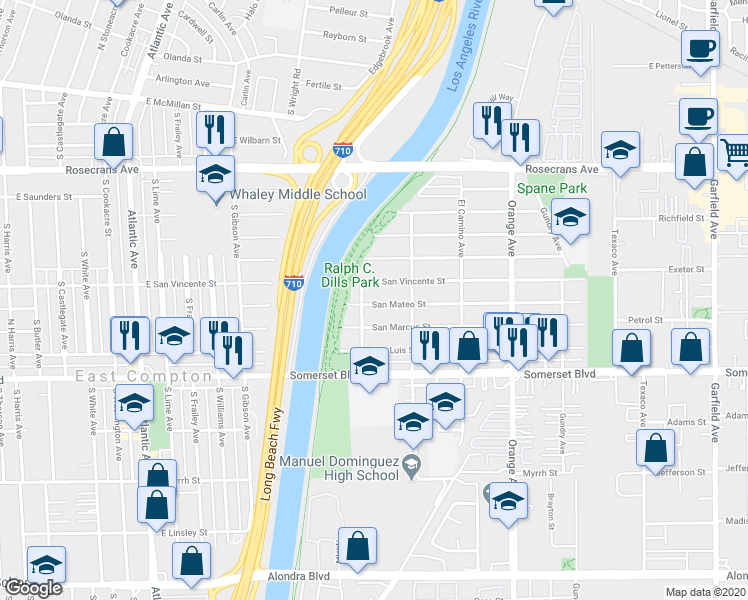 map of restaurants, bars, coffee shops, grocery stores, and more near 6513 San Mateo Street in Paramount