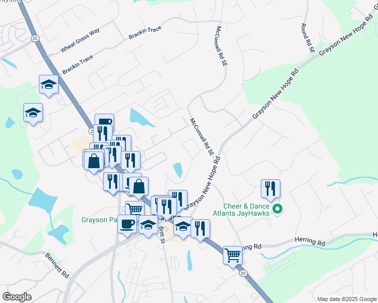 map of restaurants, bars, coffee shops, grocery stores, and more near 1890 Ecoland Drive in Grayson