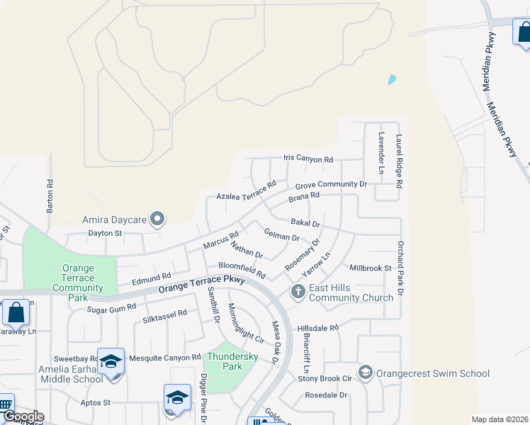 map of restaurants, bars, coffee shops, grocery stores, and more near 20611 Bakal Drive in Riverside