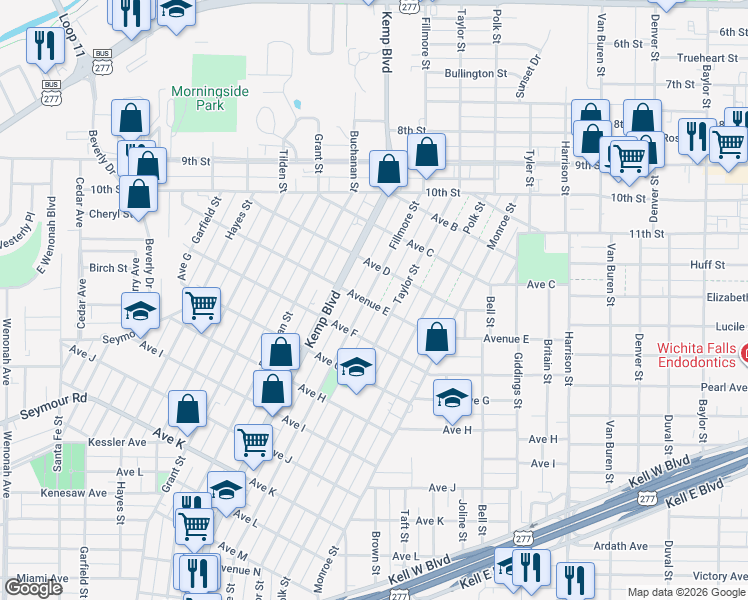 map of restaurants, bars, coffee shops, grocery stores, and more near 1415 Fillmore Street in Wichita Falls