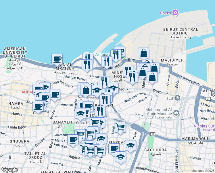 map of restaurants, bars, coffee shops, grocery stores, and more near in Beirut