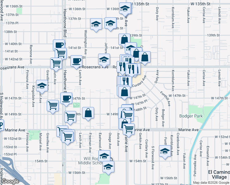 map of restaurants, bars, coffee shops, grocery stores, and more near 14609 Avis Avenue in Lawndale