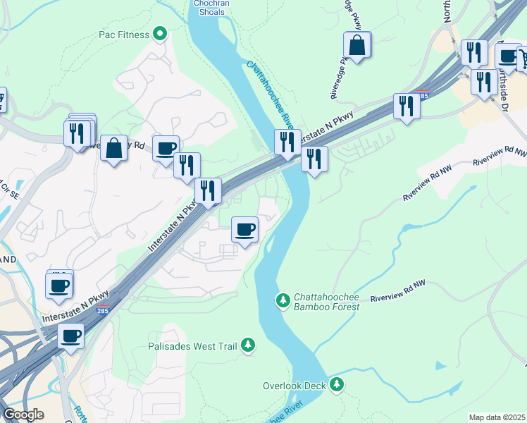 map of restaurants, bars, coffee shops, grocery stores, and more near 1063 Riverbend Club Drive Southeast in Atlanta