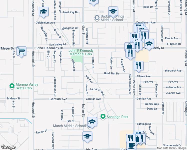 map of restaurants, bars, coffee shops, grocery stores, and more near 24635 Gold Star Drive in Moreno Valley