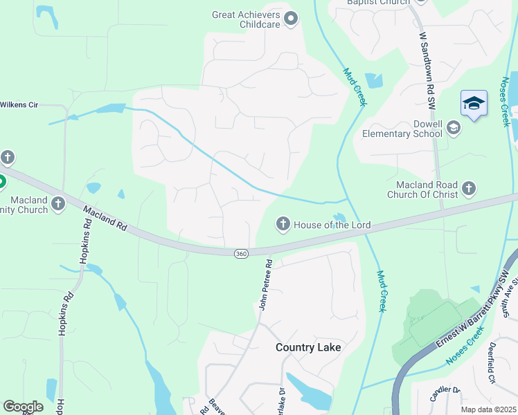 map of restaurants, bars, coffee shops, grocery stores, and more near 3187 Gainer Drive in Powder Springs