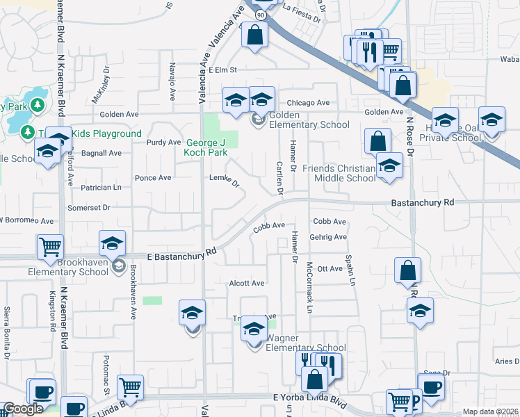 map of restaurants, bars, coffee shops, grocery stores, and more near 724 Longfellow Drive in Placentia