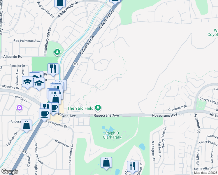 map of restaurants, bars, coffee shops, grocery stores, and more near 2872 Muir Trail Drive in Fullerton