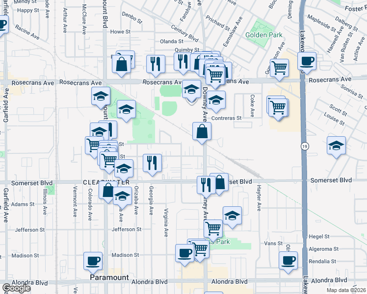 map of restaurants, bars, coffee shops, grocery stores, and more near 14806 Indiana Avenue in Paramount
