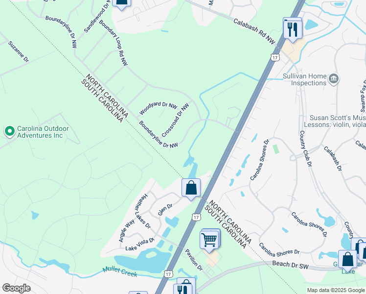 map of restaurants, bars, coffee shops, grocery stores, and more near 163 Boundaryline Drive Northwest in Calabash