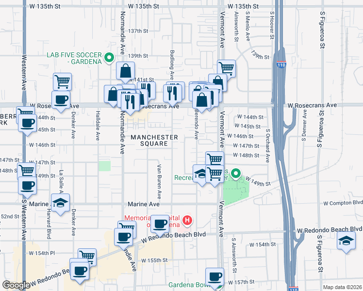 map of restaurants, bars, coffee shops, grocery stores, and more near 14626 Budlong Avenue in Gardena