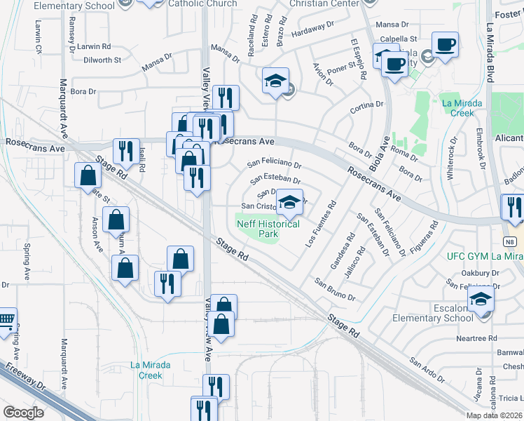 map of restaurants, bars, coffee shops, grocery stores, and more near 14402 San Cristobal Drive in La Mirada