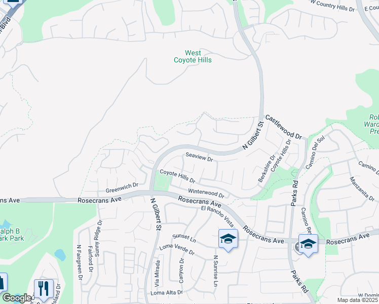 map of restaurants, bars, coffee shops, grocery stores, and more near 2173 Seaview Drive in Fullerton