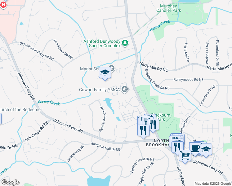 map of restaurants, bars, coffee shops, grocery stores, and more near 3716 Ashford Dunwoody Road Northeast in Atlanta