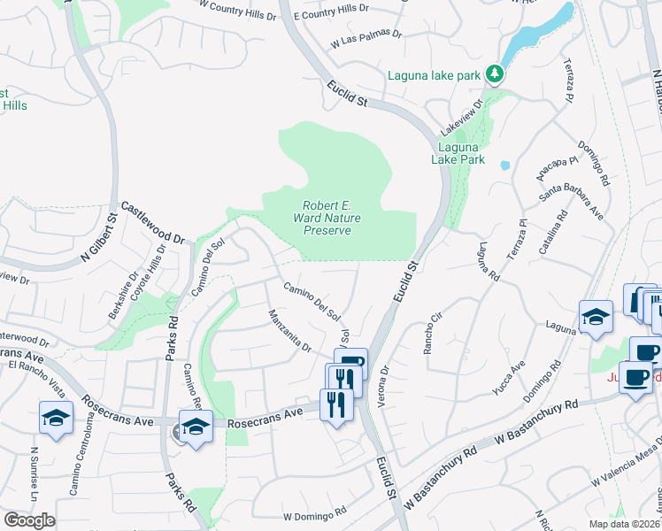 map of restaurants, bars, coffee shops, grocery stores, and more near 1152 Avenida Del Corto in Fullerton