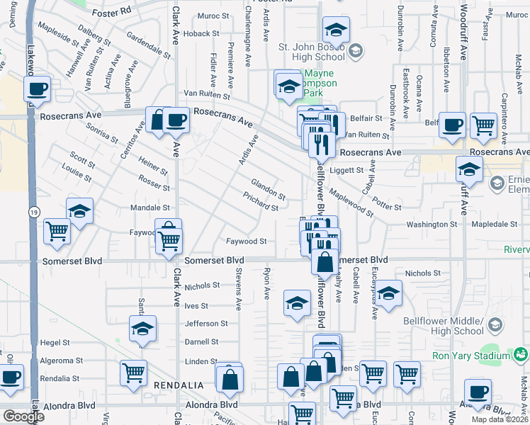 map of restaurants, bars, coffee shops, grocery stores, and more near 14564 Charlemagne Avenue in Bellflower