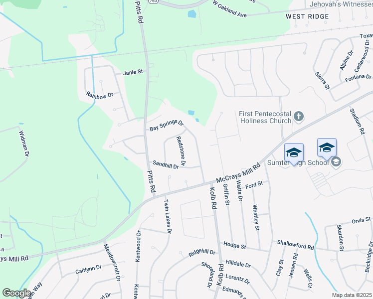 map of restaurants, bars, coffee shops, grocery stores, and more near 781 Redstone Drive in Sumter