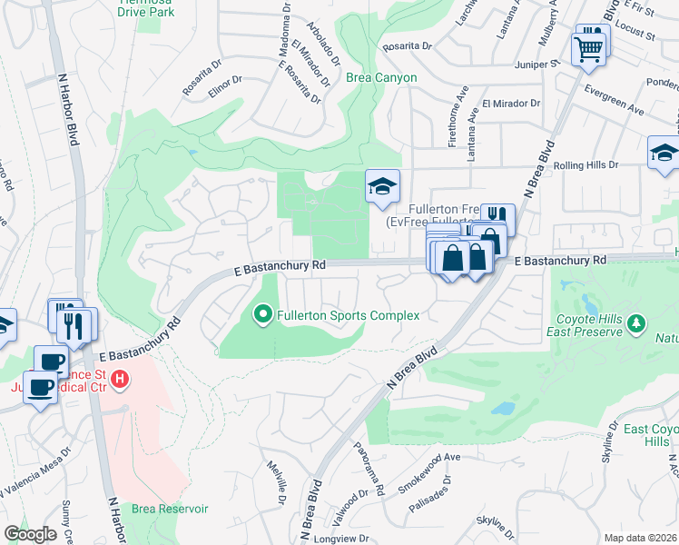 map of restaurants, bars, coffee shops, grocery stores, and more near 675 Poplar Street in Fullerton