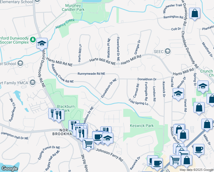 map of restaurants, bars, coffee shops, grocery stores, and more near 3686 Donaldson Drive Northeast in Atlanta