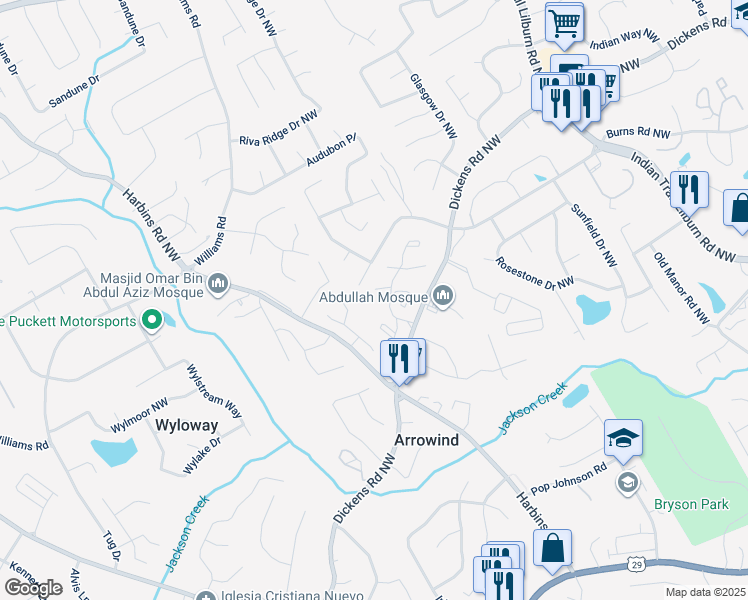 map of restaurants, bars, coffee shops, grocery stores, and more near 1407 Park Crossing Way Northwest in Lilburn