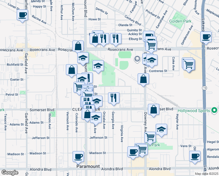 map of restaurants, bars, coffee shops, grocery stores, and more near 8118 3rd Street in Paramount