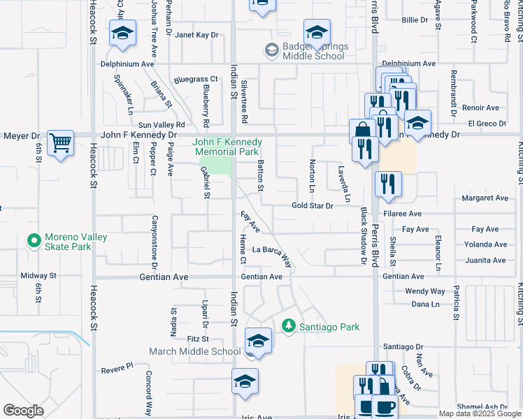 map of restaurants, bars, coffee shops, grocery stores, and more near 24635 Gold Star Drive in Moreno Valley