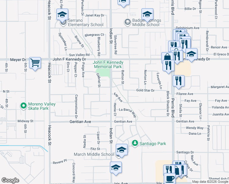 map of restaurants, bars, coffee shops, grocery stores, and more near 24568 Fay Avenue in Moreno Valley