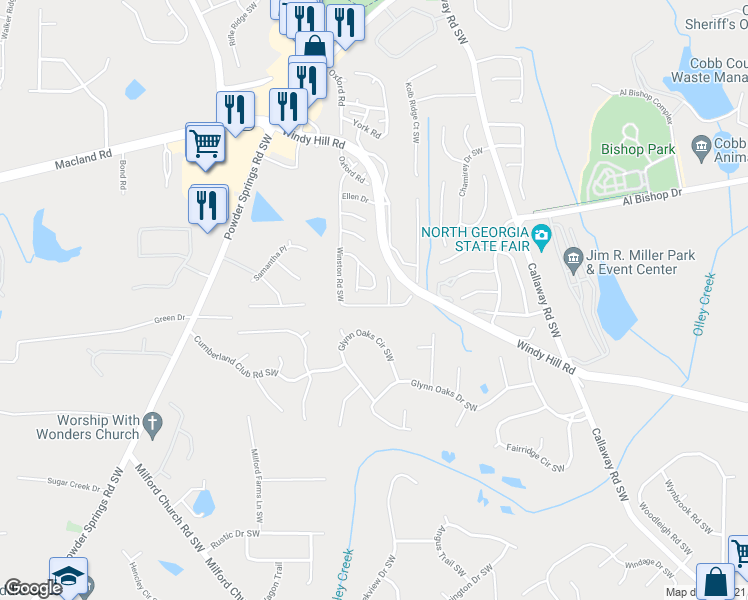 map of restaurants, bars, coffee shops, grocery stores, and more near 367 Winston Road Southwest in Marietta