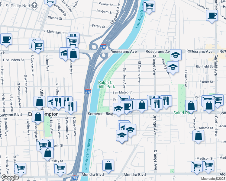 map of restaurants, bars, coffee shops, grocery stores, and more near 6513 San Mateo Street in Paramount