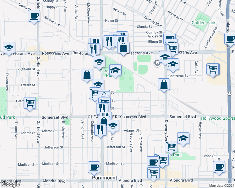 map of restaurants, bars, coffee shops, grocery stores, and more near 8058 3rd Street in Paramount