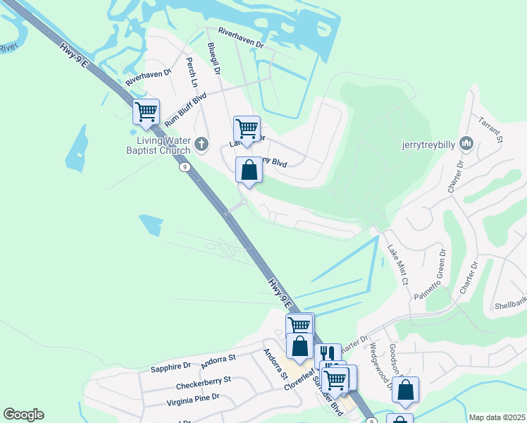 map of restaurants, bars, coffee shops, grocery stores, and more near 110 South Shore Boulevard in Longs