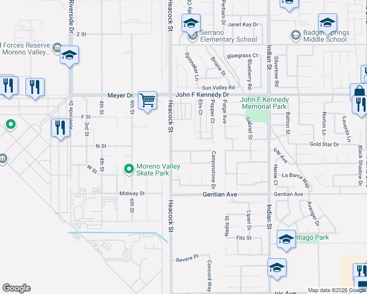map of restaurants, bars, coffee shops, grocery stores, and more near 24047 Poppystone Drive in Moreno Valley