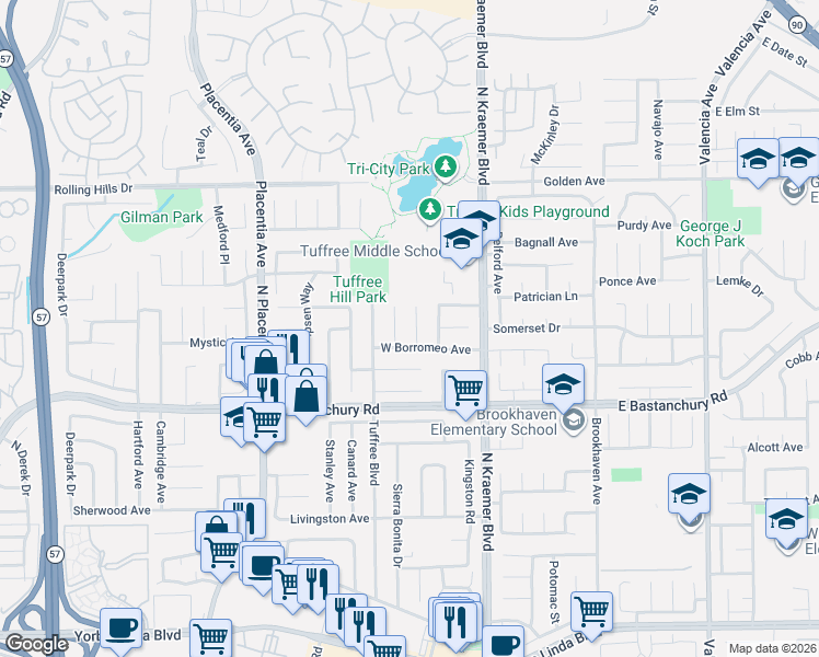 map of restaurants, bars, coffee shops, grocery stores, and more near 2002 Loreto Place in Placentia