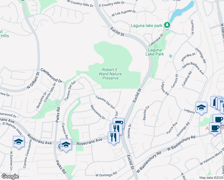 map of restaurants, bars, coffee shops, grocery stores, and more near 1152 Avenida Del Corto in Fullerton