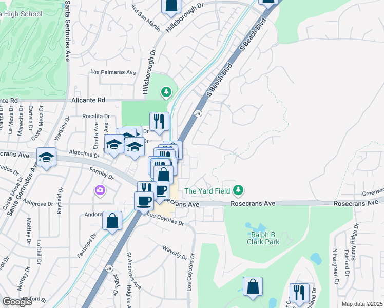map of restaurants, bars, coffee shops, grocery stores, and more near 3054 Colt Way in Fullerton
