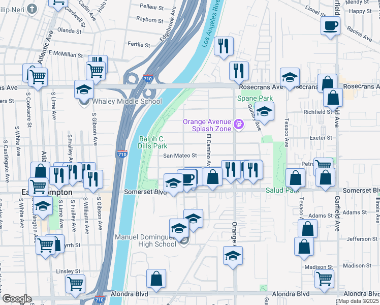 map of restaurants, bars, coffee shops, grocery stores, and more near 14807 San Jose Avenue in Paramount