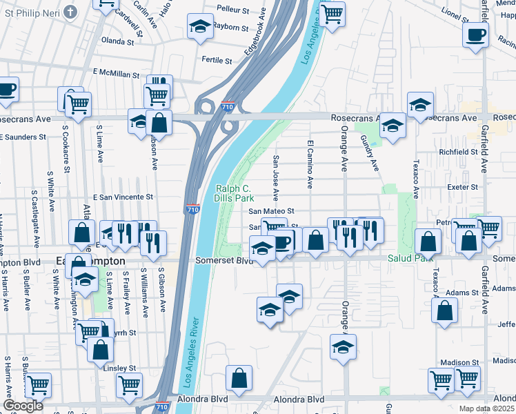 map of restaurants, bars, coffee shops, grocery stores, and more near 6508 San Mateo Street in Paramount