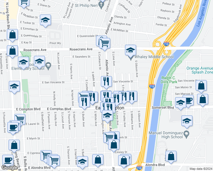map of restaurants, bars, coffee shops, grocery stores, and more near 14803 Atlantic Avenue in Compton