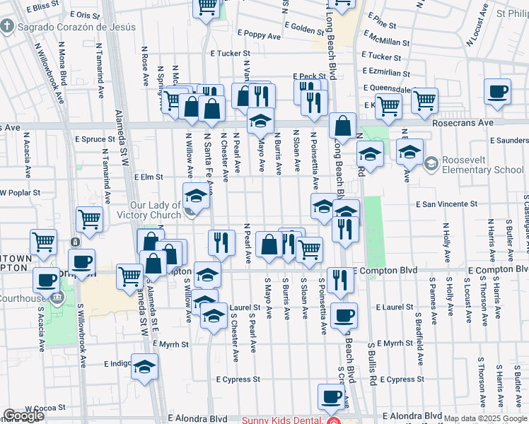 map of restaurants, bars, coffee shops, grocery stores, and more near 909 East Palmer Street in Compton