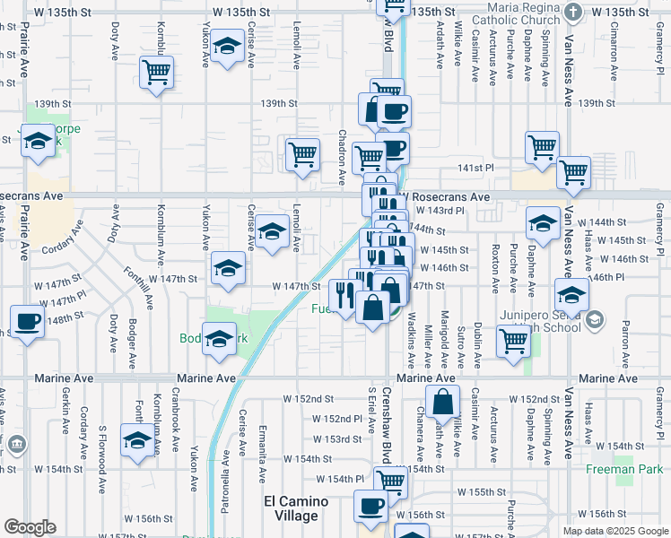 map of restaurants, bars, coffee shops, grocery stores, and more near 3207 West 147th Street in Gardena