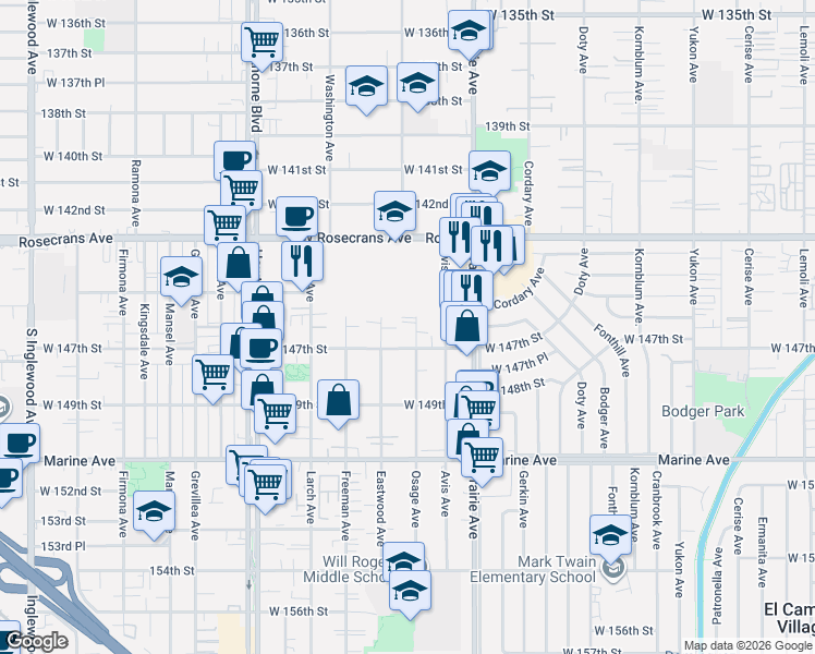 map of restaurants, bars, coffee shops, grocery stores, and more near 4121 West 147th Street in Lawndale