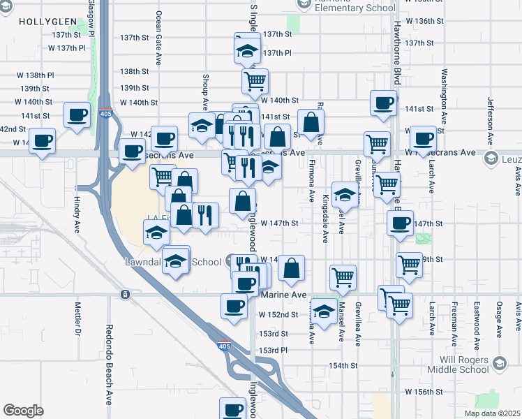 map of restaurants, bars, coffee shops, grocery stores, and more near 4727 West 147th Street in Lawndale