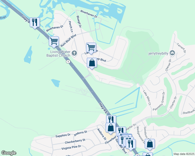 map of restaurants, bars, coffee shops, grocery stores, and more near 110 South Shore Boulevard in Longs