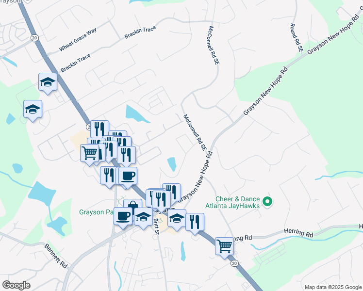 map of restaurants, bars, coffee shops, grocery stores, and more near 1890 Ecoland Drive in Grayson
