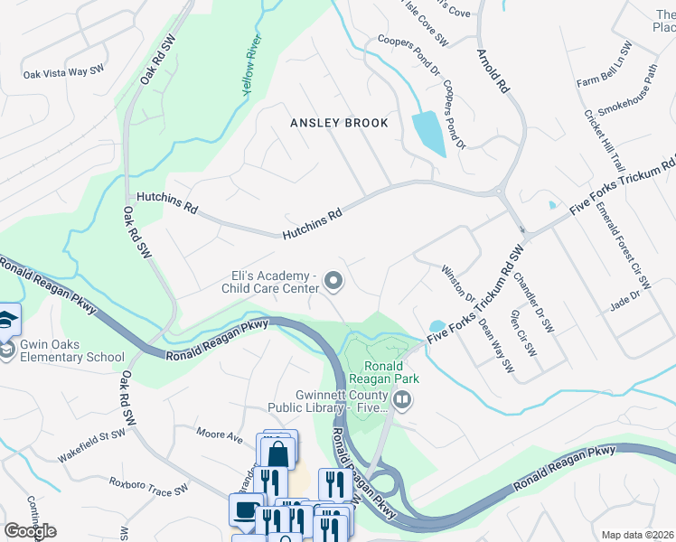 map of restaurants, bars, coffee shops, grocery stores, and more near 2820 Commons Drive in Lawrenceville