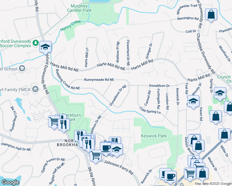 map of restaurants, bars, coffee shops, grocery stores, and more near 3686 Donaldson Drive Northeast in Atlanta